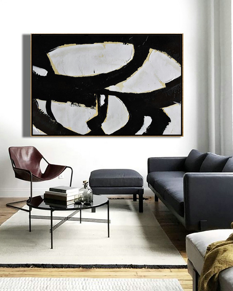 Extra Large Artwork,Horizontal Palette Knife Minimal Canvas Art Painting Black White Beige - Hand-Painted Canvas Art
